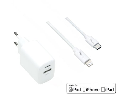 USB C+A комплект за зареждане 20W, PD, бял, 1m Lightning/C 20W, 3.6V~5.9V/3A; 6~9V/2A; 9V~12V/1.5A
